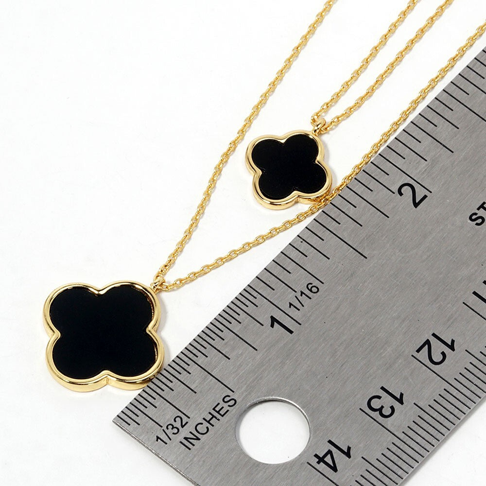 Gold Black Quatrefoil Pendant Double Layered Necklace for Women Jewelry