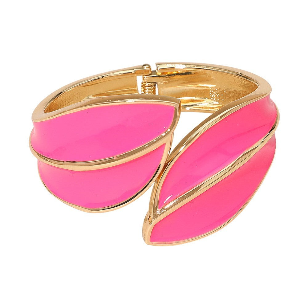 Abstract Enamel Leaf Statement Hinged Bangle Bracelet Hinged Closure Fuchsia