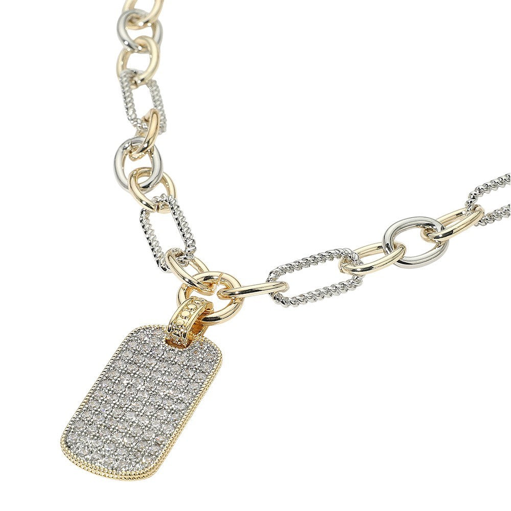14K Gold Plated Two Tone CZ Dog Tag Pendant Chunky Chain Necklace for Women