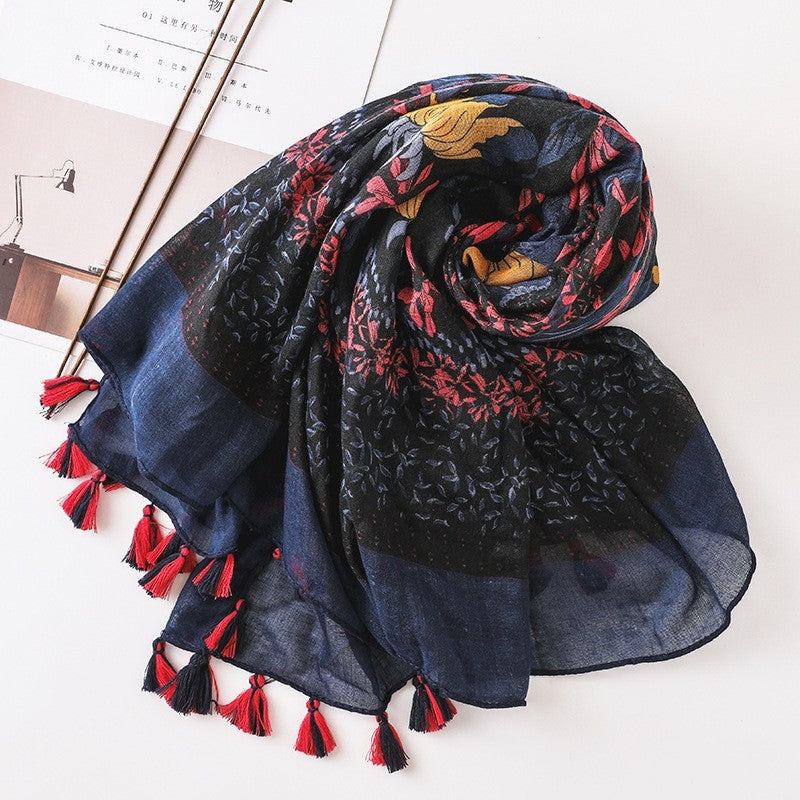 Boho Floral Scarf Shawl Wrap Navy Red Yellow Tassel Lightweight Beach Shawl