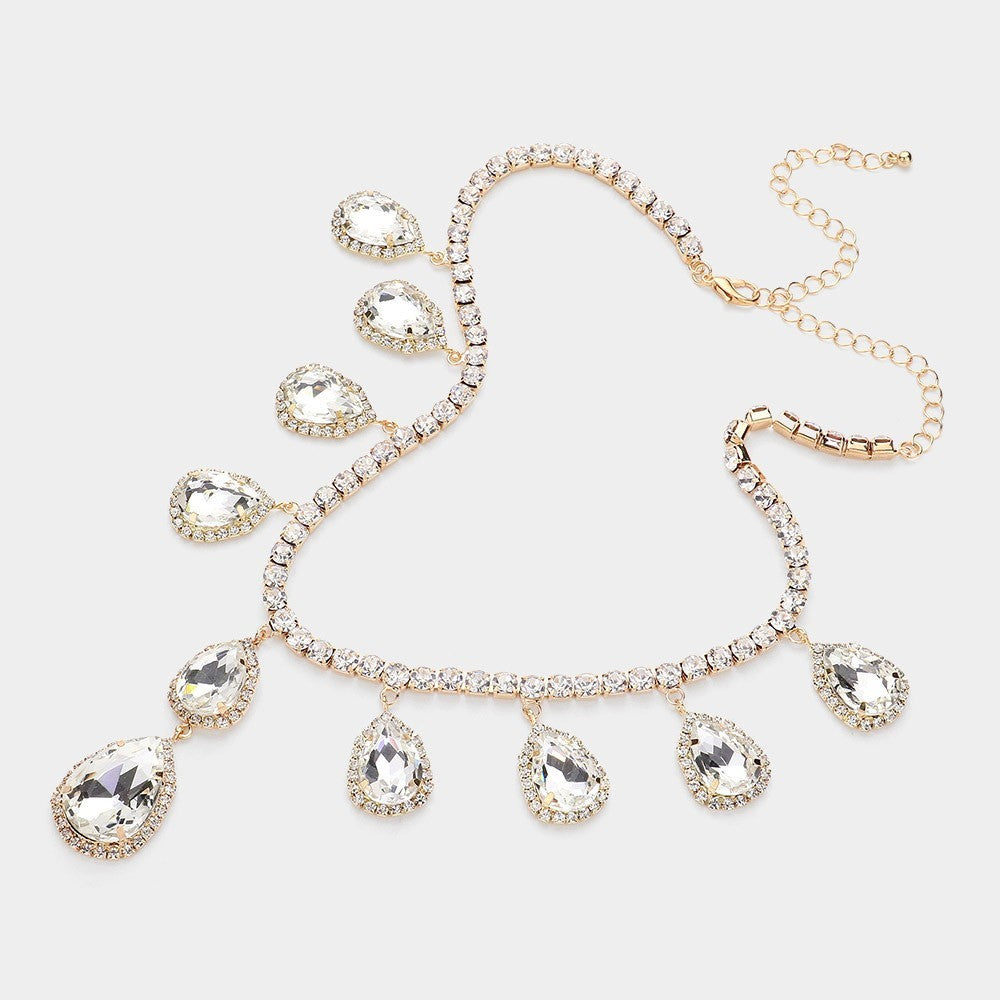 Gold Teardrop Crystal Cluster Statement Necklace for Women Evening Jewelry