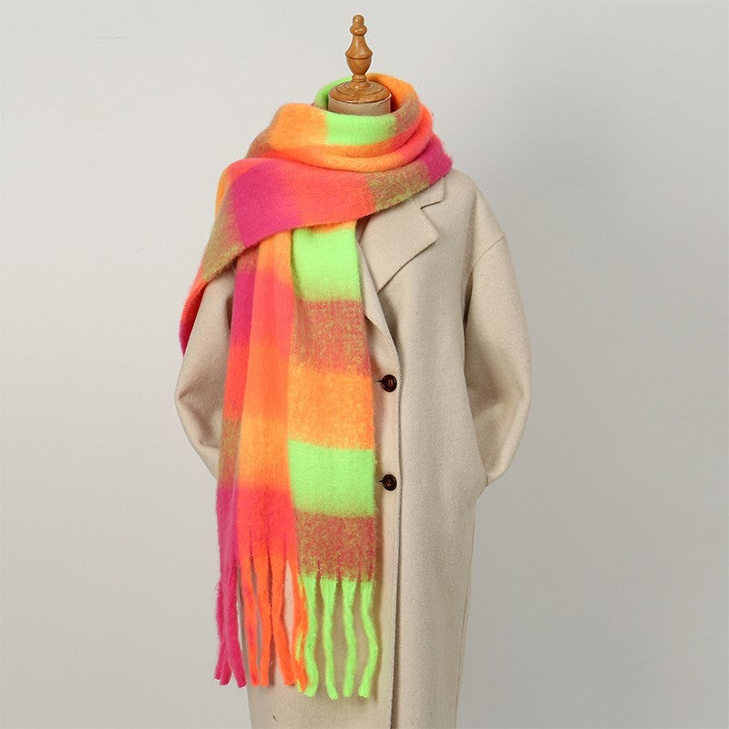 Neon Plaid Tassel Scarf Oversized Blanket Shawl Thick Winter Wrap Hot Pink