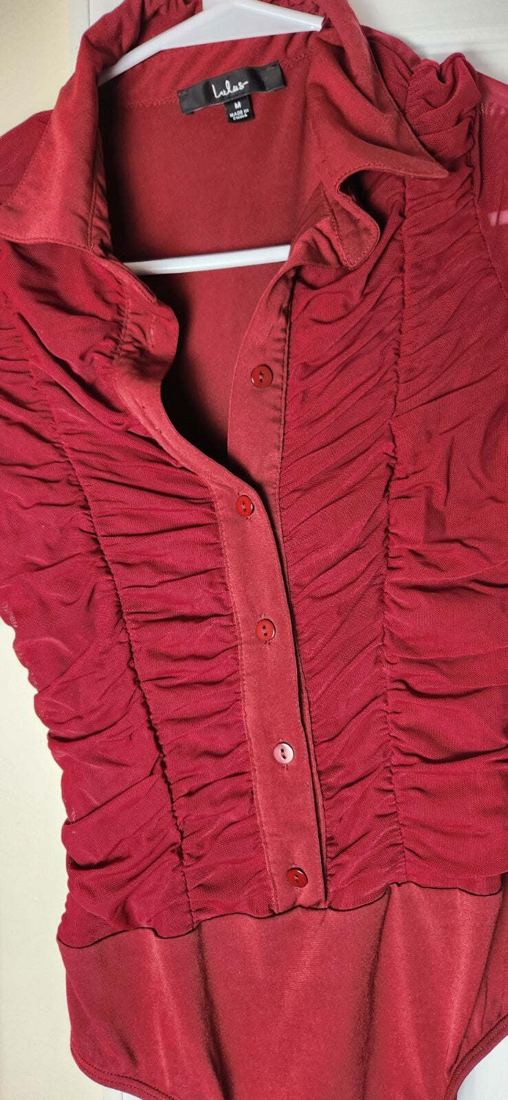 Don't Ruche Love Burgundy Mesh Ruched Long Sleeve Bodysuit for Women Medium