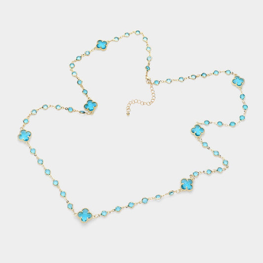 Gold Tone Long Clover Station Necklace Blue Crystal Quatrefoil Designer Inspire