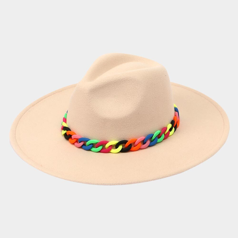 Colorful Chain Accented Solid Panama Hat Wide Brim Fedora Style Sun Hat