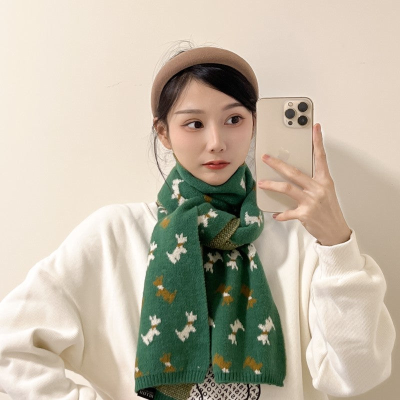 Green Knit Dog Animal Pattern Scarf Long Warm Winter Wrap Unisex Gift New