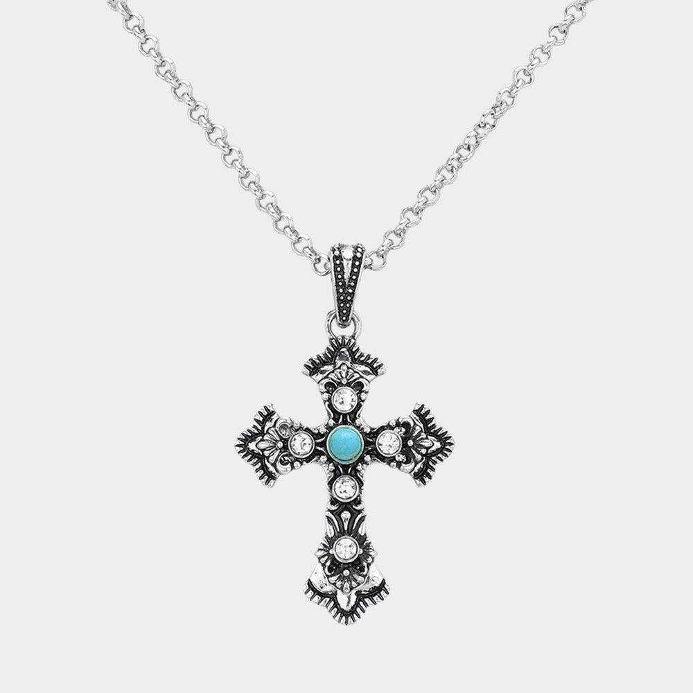 Silver Filigree Cross Pendant Necklace with Turquoise Center and Crystal Accents