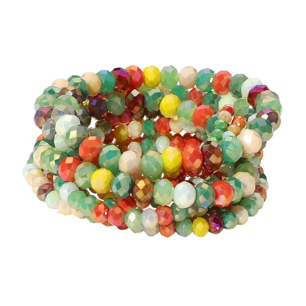 9Pcs Multicolor Faceted Round Glass Beaded Stretchable Bracelets for Women