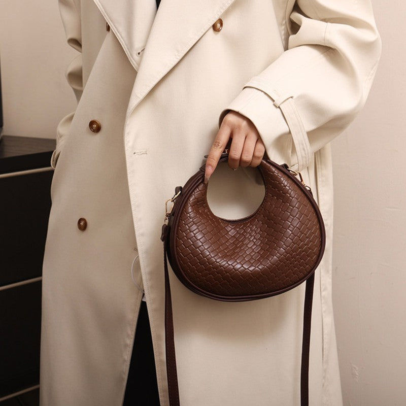 Woven Brown Crescent Shoulder Bag Faux Leather Crossbody Hobo Bohemian Purse