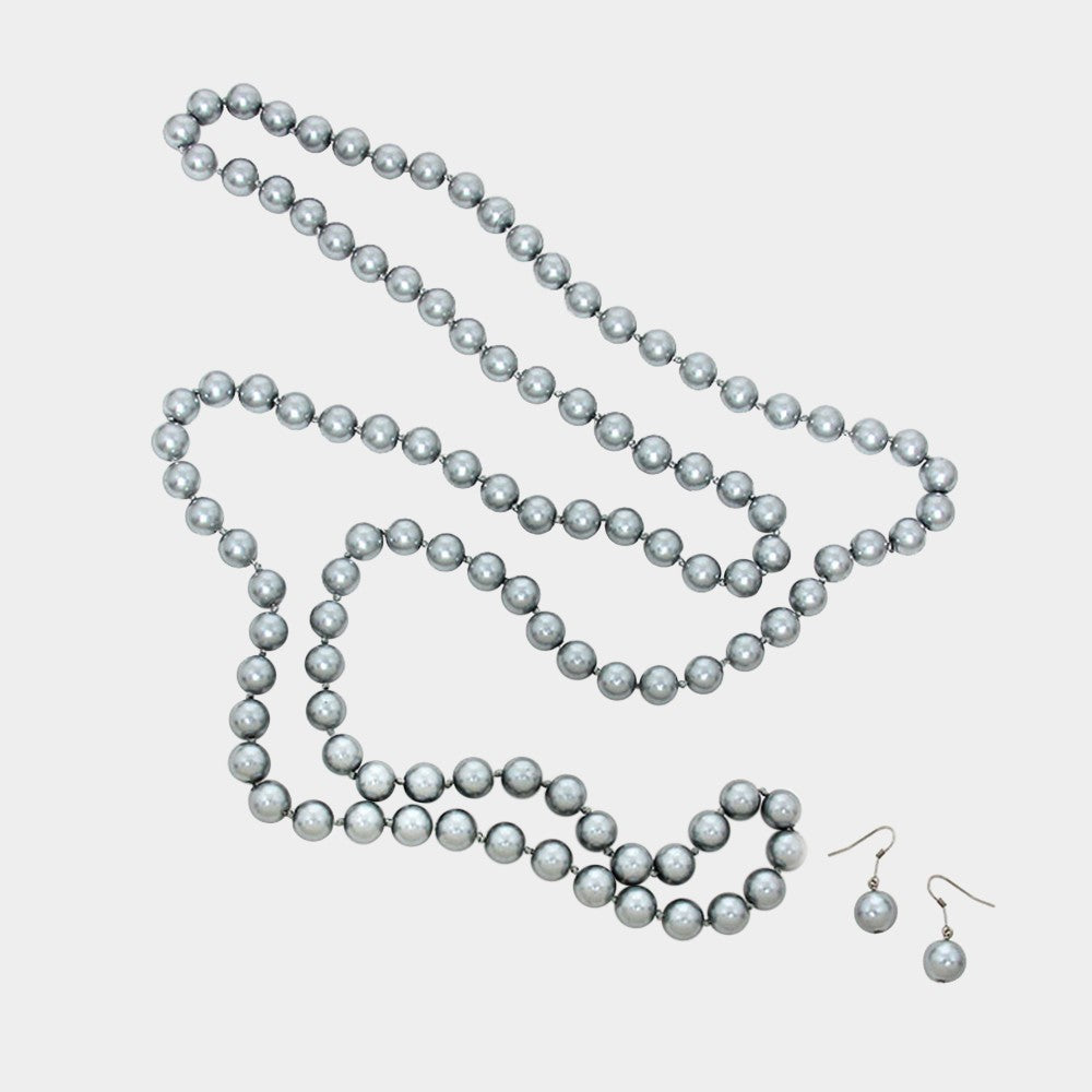 Silver Metal Rhodium Ball Beaded 60-inch Long Necklace & Dangling Earring Set