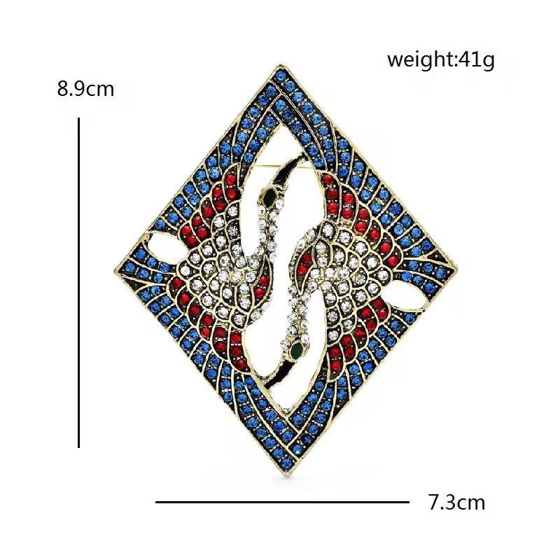 Art Deco Crane Bird Brooch Twin Heron Rhinestone Blue Red Gold Tone Pin