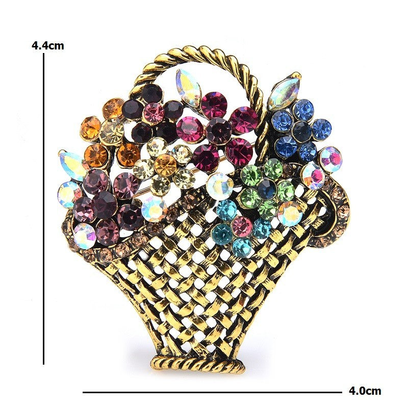 2pcs Multi Color Rhinestone Flower Basket Brooch Pin Vintage Gold Tone Gift