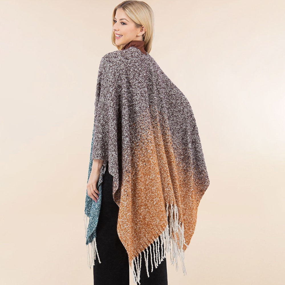 Ombre Knit Ruana Poncho for Women Open Front Fringe Shawl Wrap Cape