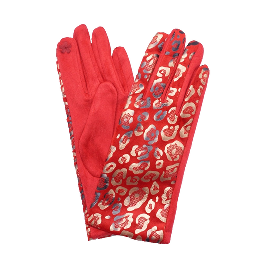 Red Gold Leopard Print Smart Touch Winter Gloves Chic Warm Fashion Mittens Pair