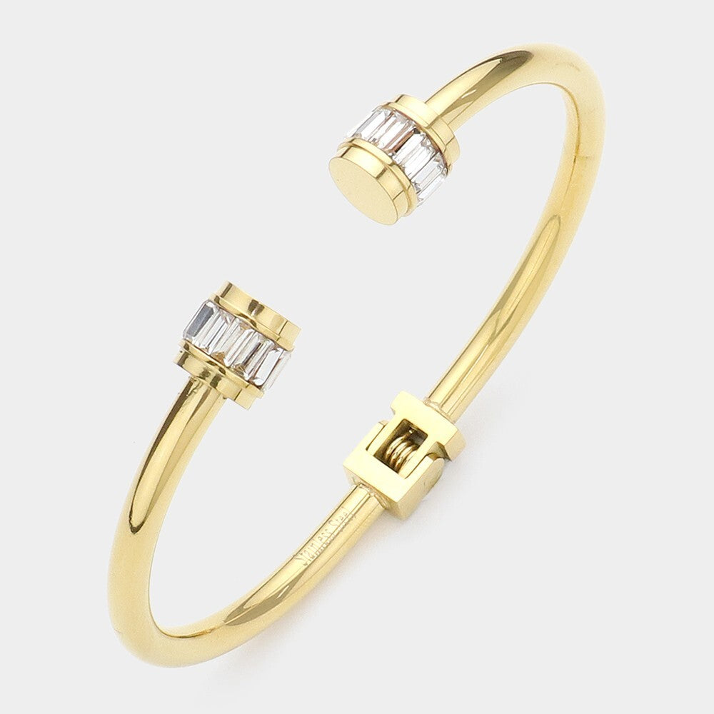 Stainless Steel Baguette Stone Nail Head Tip Hinged Cuff Bracelet