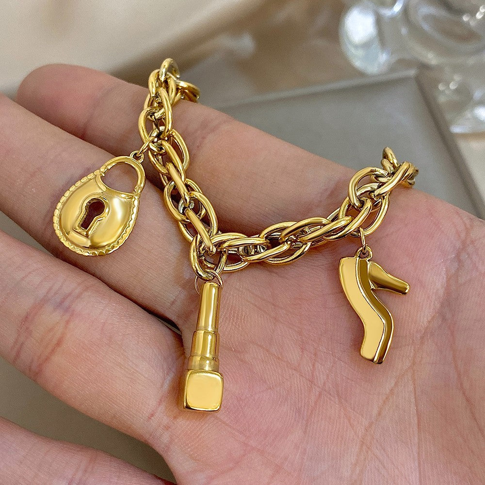 Chunky Gold Charm Bracelet Lipstick High Heel Purse Key Lock Toggle Link