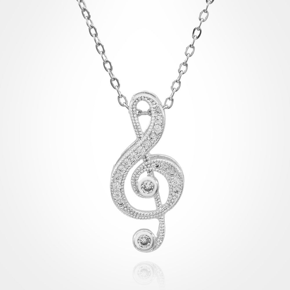 Matching Gold and Silver Treble Clef Pendant Necklaces  Stainless Steel CZ Jewel