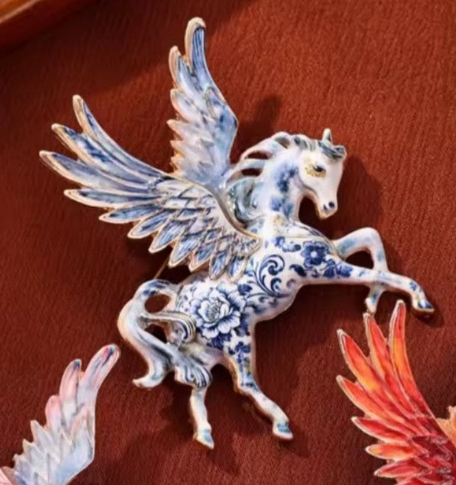 Vintage Enamel Pegasus Brooch - Blue and White Chinoiserie Style Flying Horse Pi