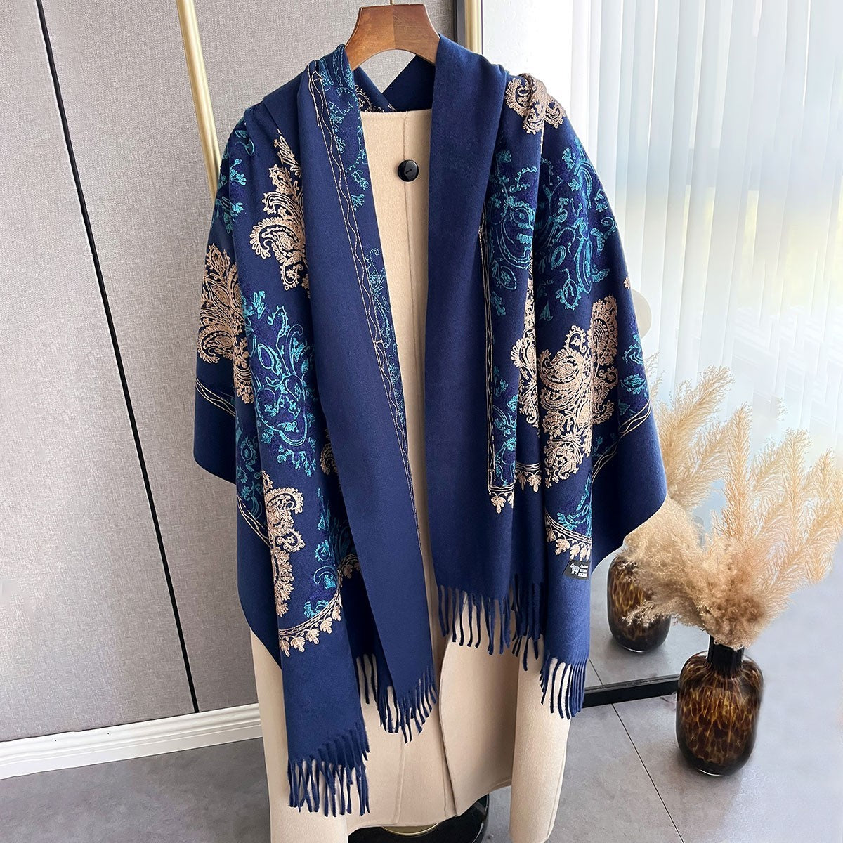 Cashmere Feel Embroidered Shawl Dark Blue Gold Teal | Ornate Floral Paisley | El