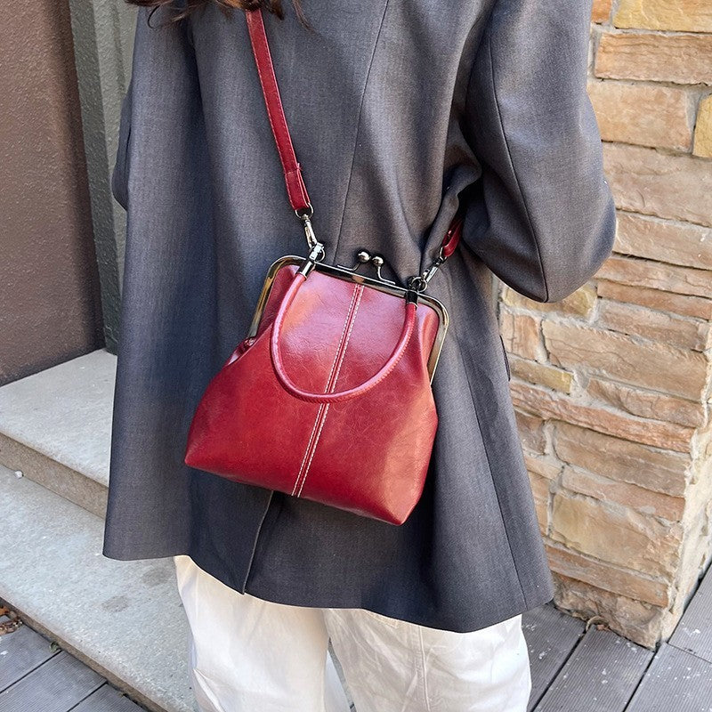 Vintage Black Kiss Lock Frame Bag Shoulder Crossbody Handbag Purse Retro Clutch