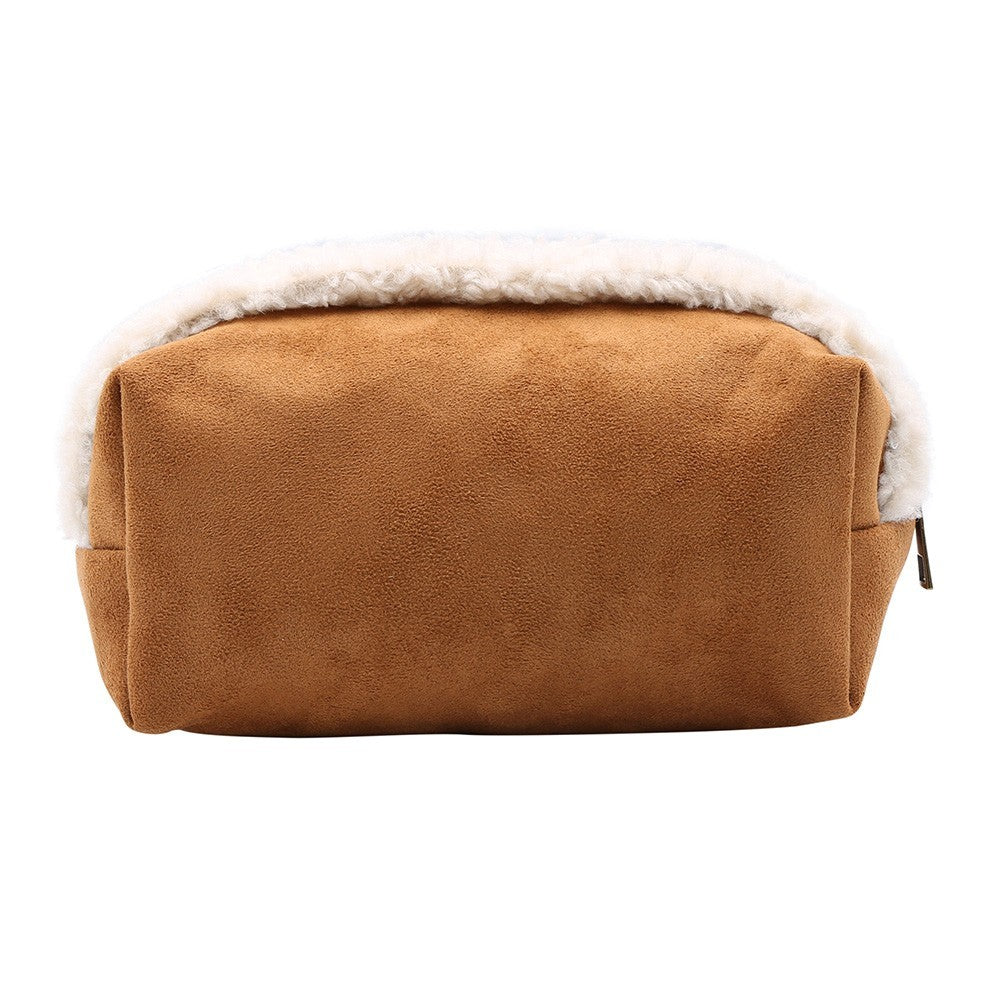 Sherpa Trim Faux Suede Pouch Bag Women’s Soft Winter Handbag in Camel