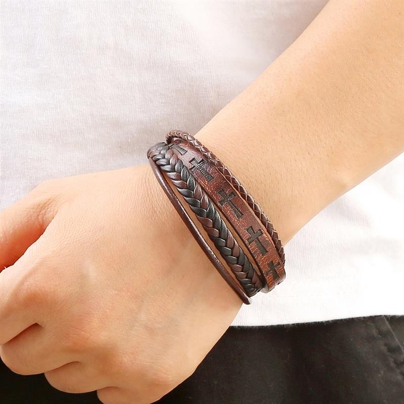 Men's Brown Braided Leather Cross Bracelet Stainless Steel Clasp Gift