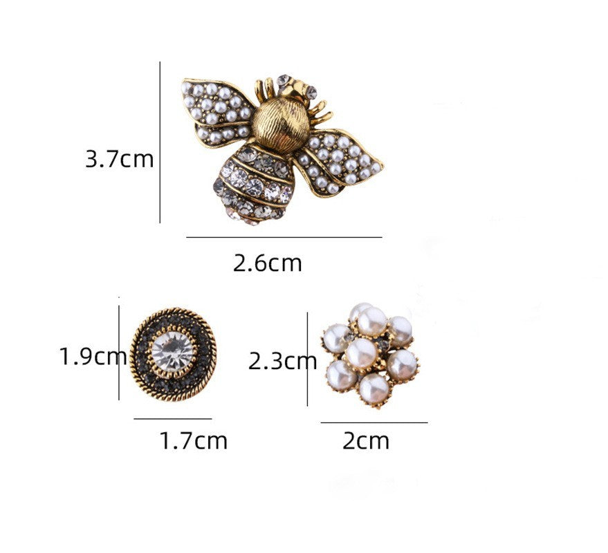3pcs Bee Pearl Flower Brooch Pin Set Vintage Gold Tone Crystal Fashion Jewelry