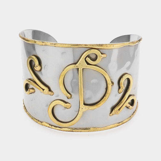 Two Tone Initial P Cuff Bracelet for Women Wide Metal Monogram Bangle Jewelry