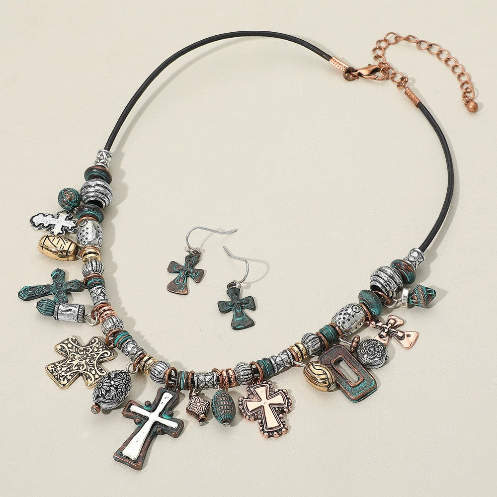 Antique Metal Cross Charm Beaded Necklace Boho Faith Jewelry Gift for Women