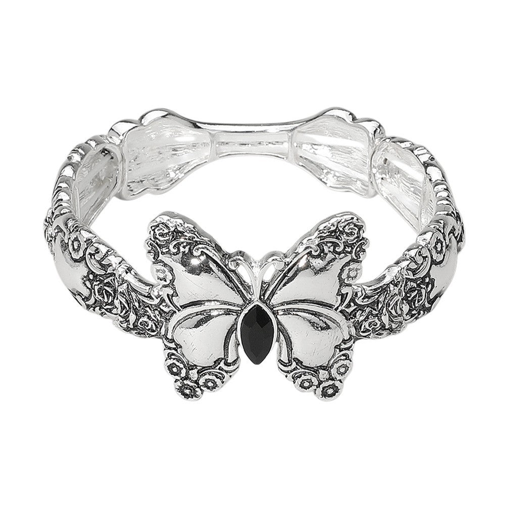Marquise Stone Accent Antique Metal Butterfly Stretch Bracelet for Women