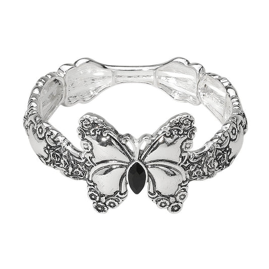 Marquise Stone Accent Antique Metal Butterfly Stretch Bracelet for Women