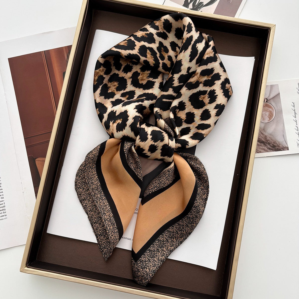 2PC Leopard Silk Feel Square Scarf Set Black Gray & Classic Brown Animal Print