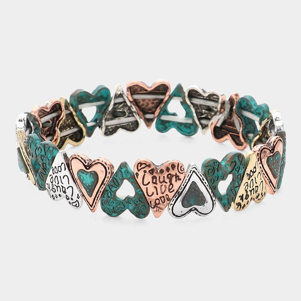 Mixed Metal Patina Laugh Live Love Heart Charm Stretch Bracelet
