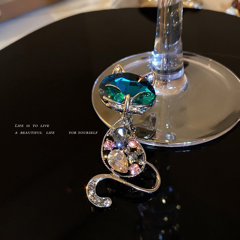 Sparkling Teal Crystal Cat Brooch Pin Animal Lover Jewelry Gift Rhinestone