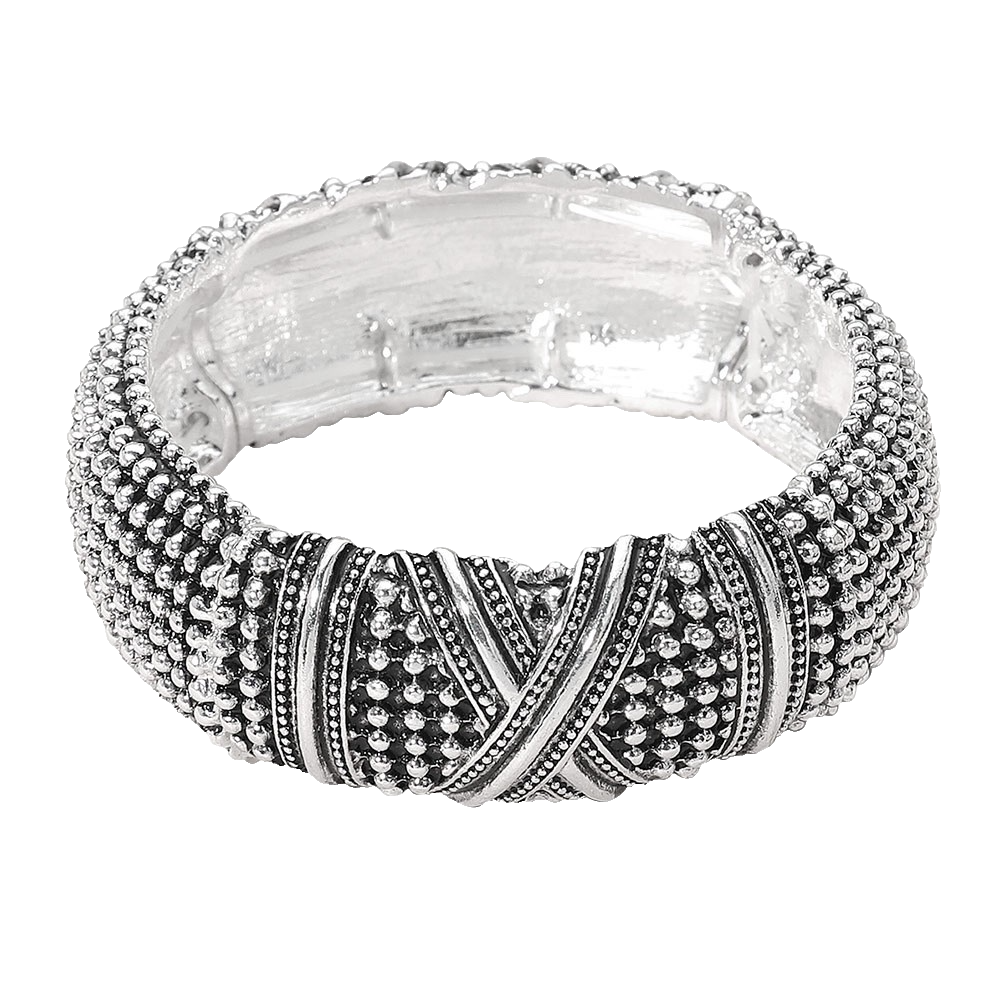 Silver Beaded Stretch Bangle Wide Textured Statement Bracelet Boho Bangles