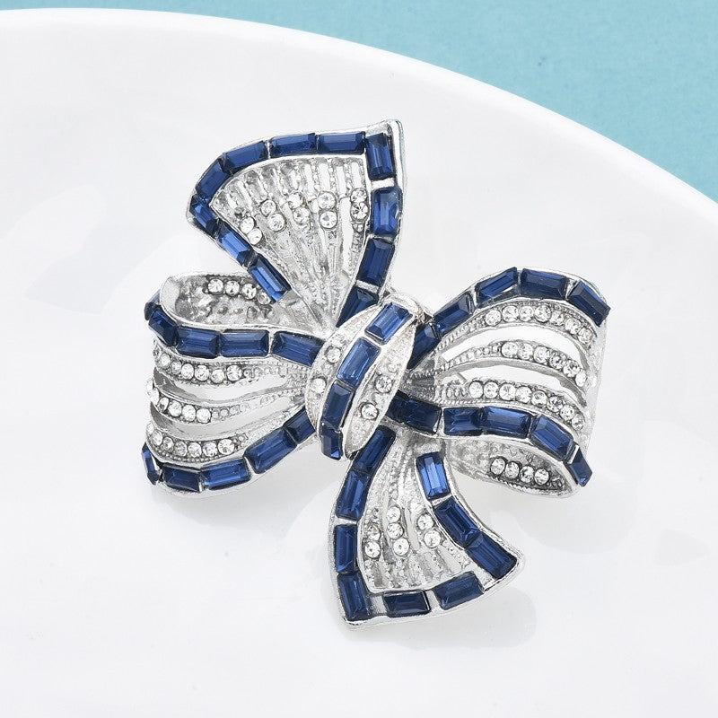 Vintage Style Blue Sapphire Clear Rhinestone Bow Brooch Pin Silver Tone