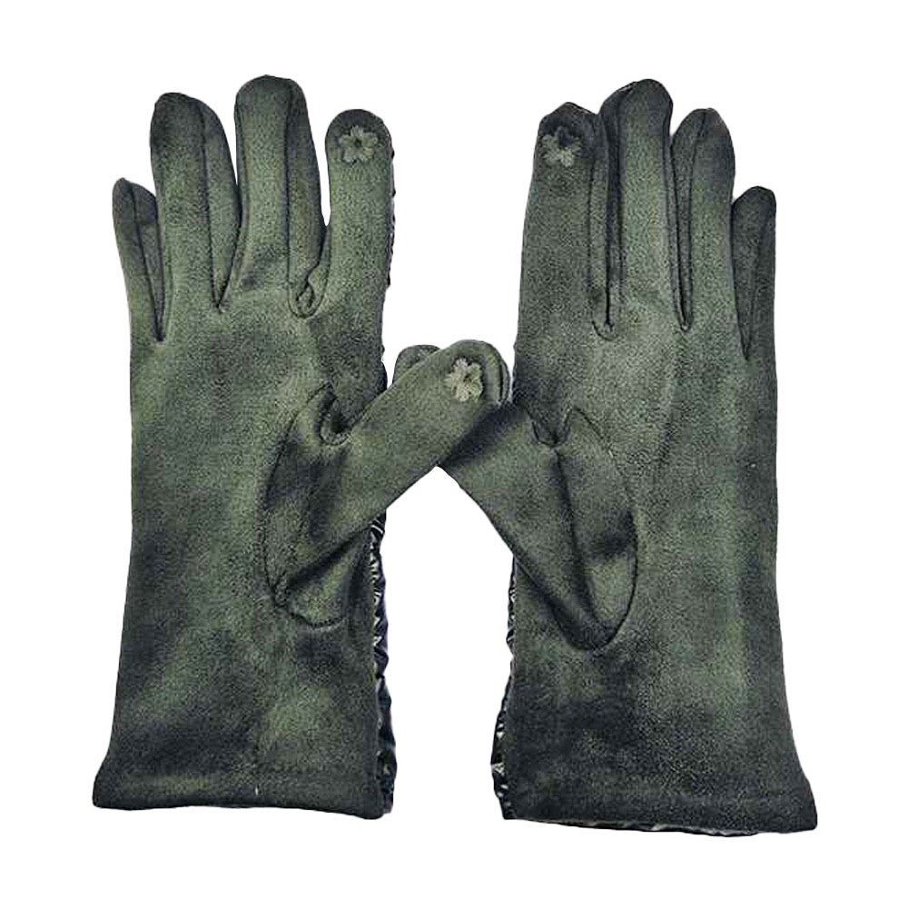 Women's Dark Green Quilted Puffer Smart Touch Winter Gloves Warm Tech Mittens