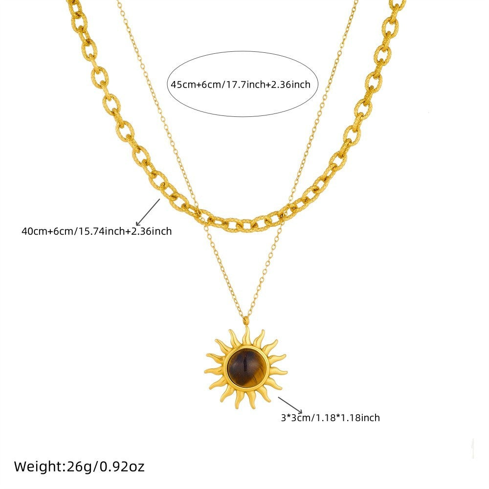 2-Layer Gold Stainless Steel Sun Tiger Eye Pendant Necklace Chic Women's Jewelry