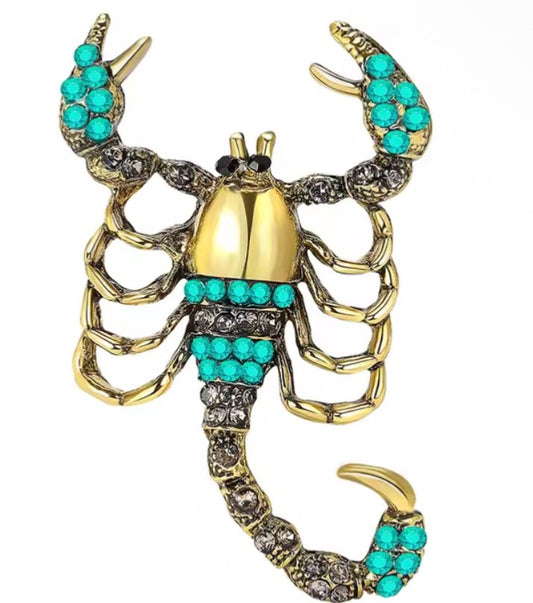 Vintage Scorpion Brooch Gold Rhinestone Pin - Teal Crystal Desert Animal Jewelry