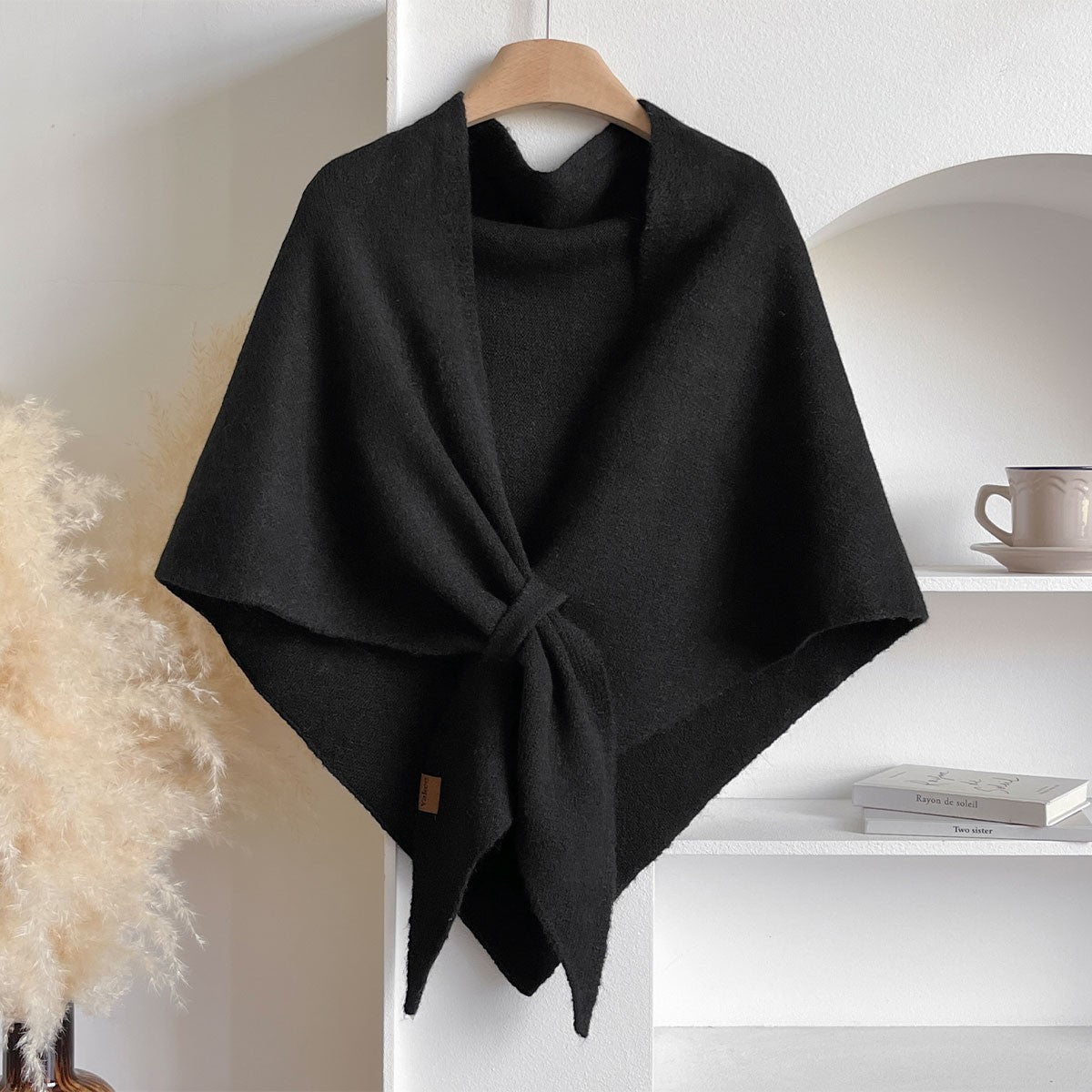 Black Knit Triangle Poncho Cape Shawl Wrap Fringe One Size Winter Fall Cozy Warm