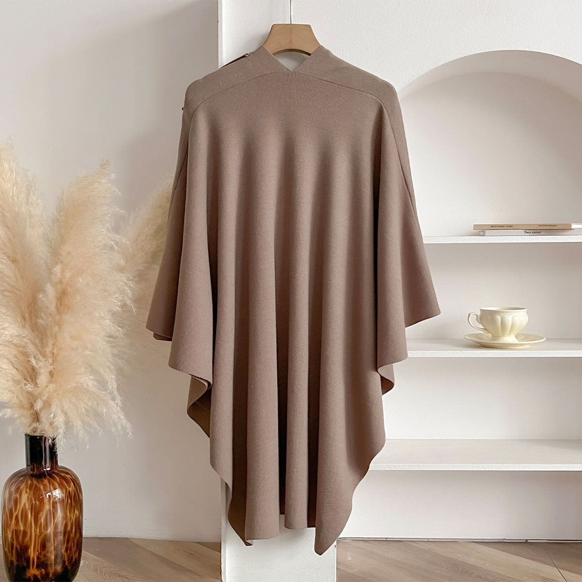 Women's Knit Poncho Cape Wrap Shawl Cashmere Feel Taupe  Open Front One Size