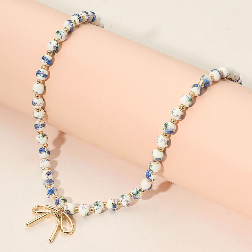 2PCS Blue White Porcelain Bead Choker Necklace Set Gold Bow Charm New Gift