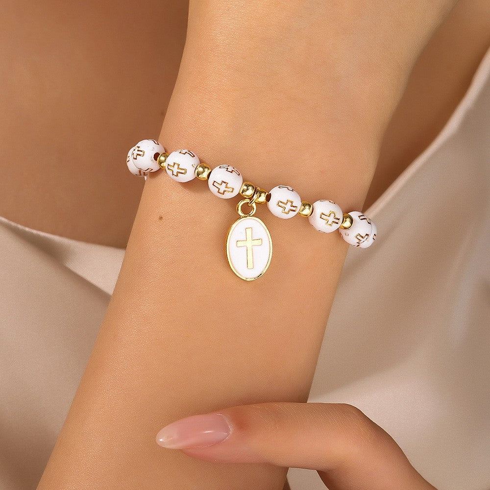 2pcs Religious Cross Bead Bracelet Gold Tone Christian Prayer Jewelry Set