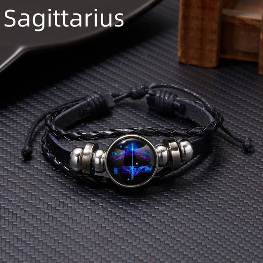 Sagittarius Zodiac Black Leather Braided Bracelet with Constellation Charm