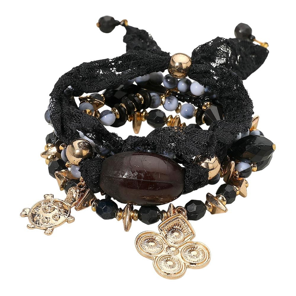 6pc Gold Lion Head Medallion Link Bracelet and Adjustable Statement Ring Set