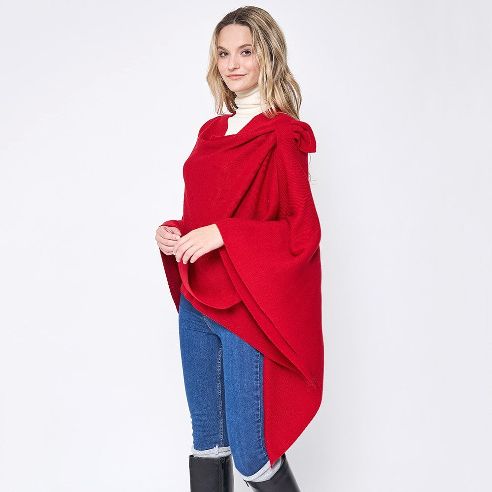 Women’s Solid Ruana Poncho with Shoulder Strap Wrap Cape Shawl One Size
