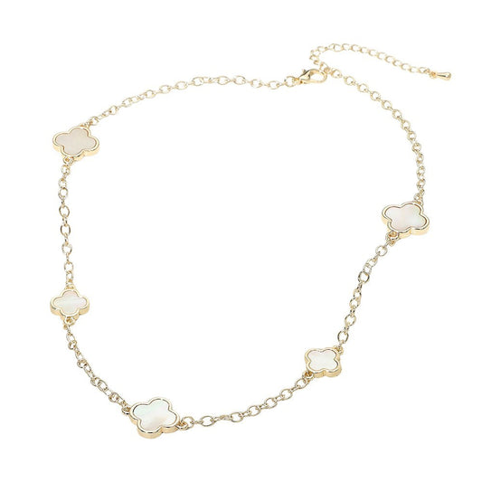 Gold Dipped Mother of Pearl Clover Station Necklace 16.5" Women's Gift