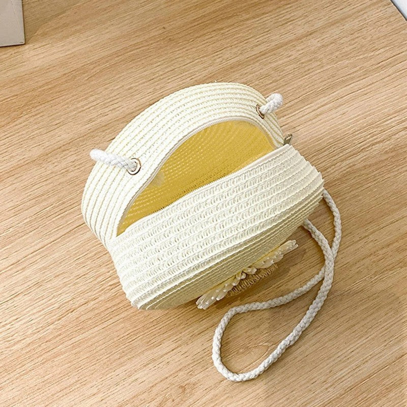 Women's Daisy Straw Circle Crossbody Bag Summer Beach Handbag White