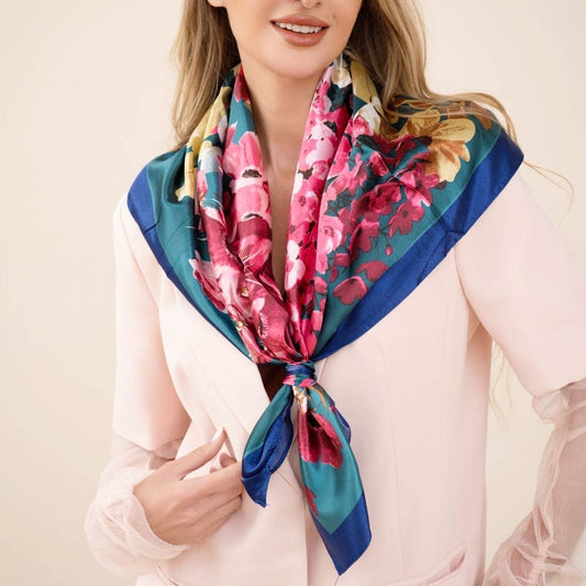 Pink Floral Silk Satin Square Hair Scarf Handbag Neck Wrap Teal Blue Border