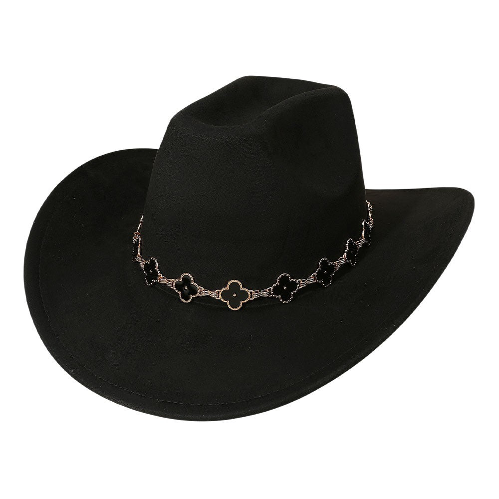 Vera NY Quatrefoil Link Chain Band Accent Cowboy Fedora Hat Black 100% Polyester
